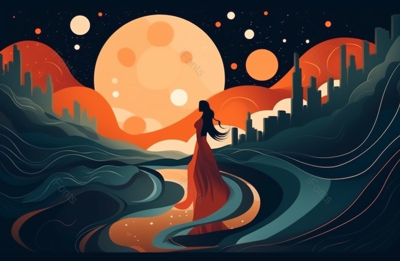 长发女人在水中倒影翩翩起舞美丽星空满月背景,插画/手绘图,插画/手绘图库,插画/手绘图下载,插画/手绘